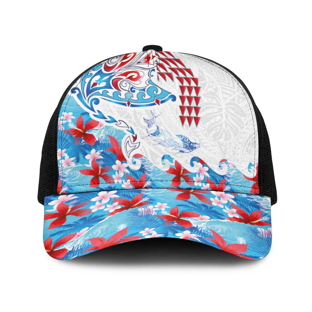 Hawaiian Tribal Manta Ray Baseball Net Cap Kakau Tattoo and Flowers Surfing Waves Pattern Ocean Color LT03 One Size Black Multicolor - Polynesian Pride