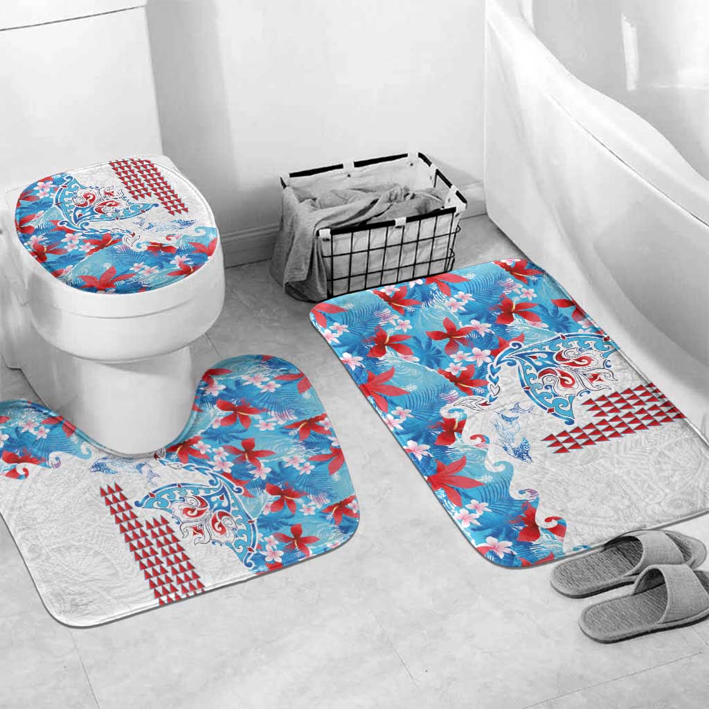 Hawaiian Tribal Manta Ray Bathroom Set Kakau Tattoo and Flowers Surfing Waves Pattern Ocean Color