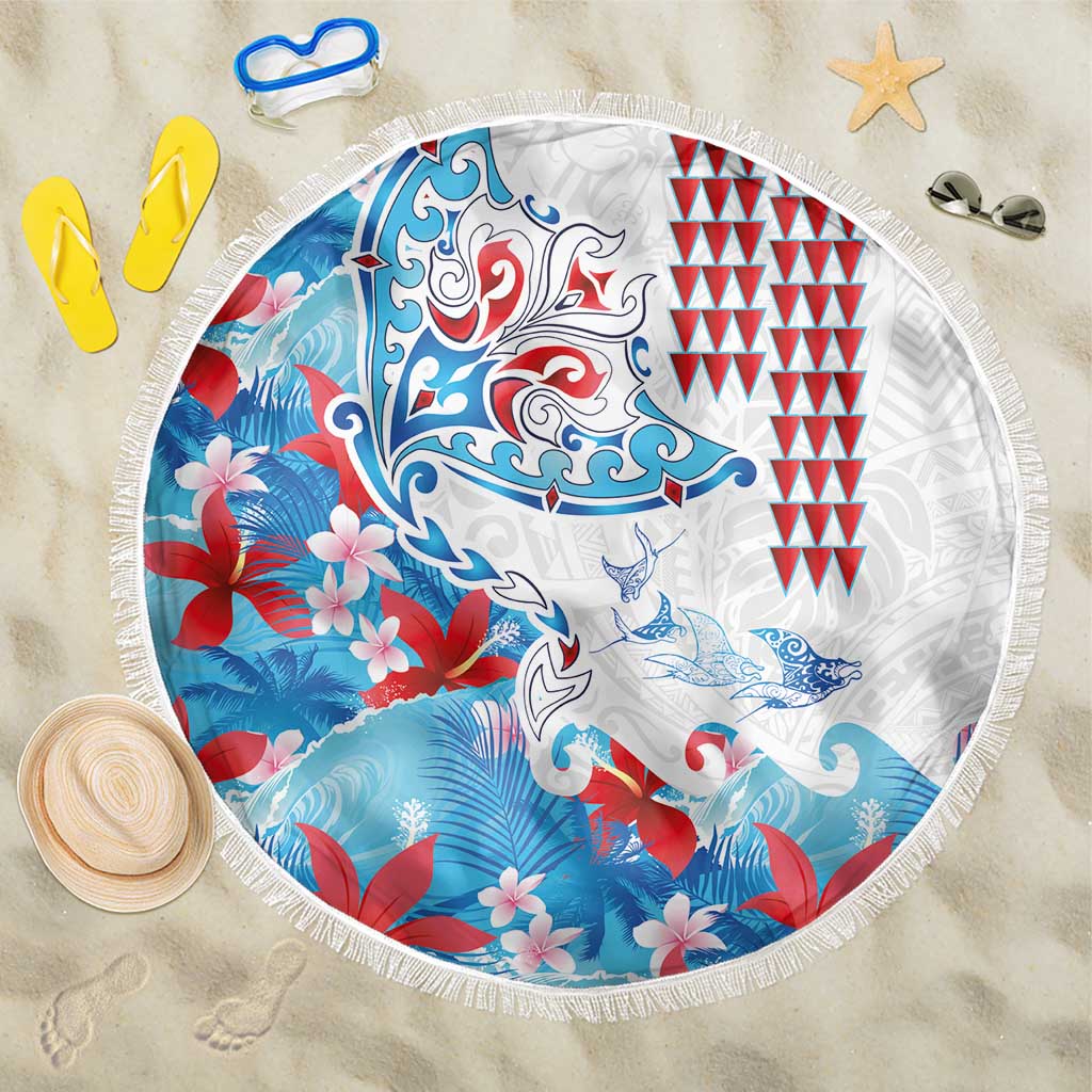 Hawaiian Tribal Manta Ray Beach Blanket Kakau Tattoo and Flowers Surfing Waves Pattern Ocean Color