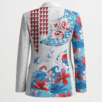 Hawaiian Tribal Manta Ray Blazer Kakau Tattoo and Flowers Surfing Waves Pattern Ocean Color LT03 - Polynesian Pride