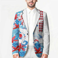 Hawaiian Tribal Manta Ray Blazer Kakau Tattoo and Flowers Surfing Waves Pattern Ocean Color LT03 - Polynesian Pride