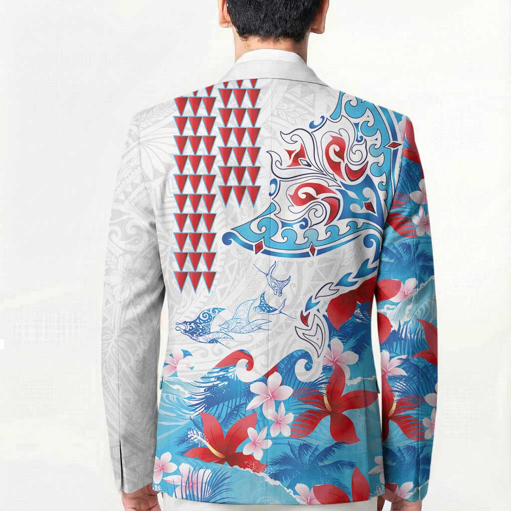 Hawaiian Tribal Manta Ray Blazer Kakau Tattoo and Flowers Surfing Waves Pattern Ocean Color LT03 - Polynesian Pride