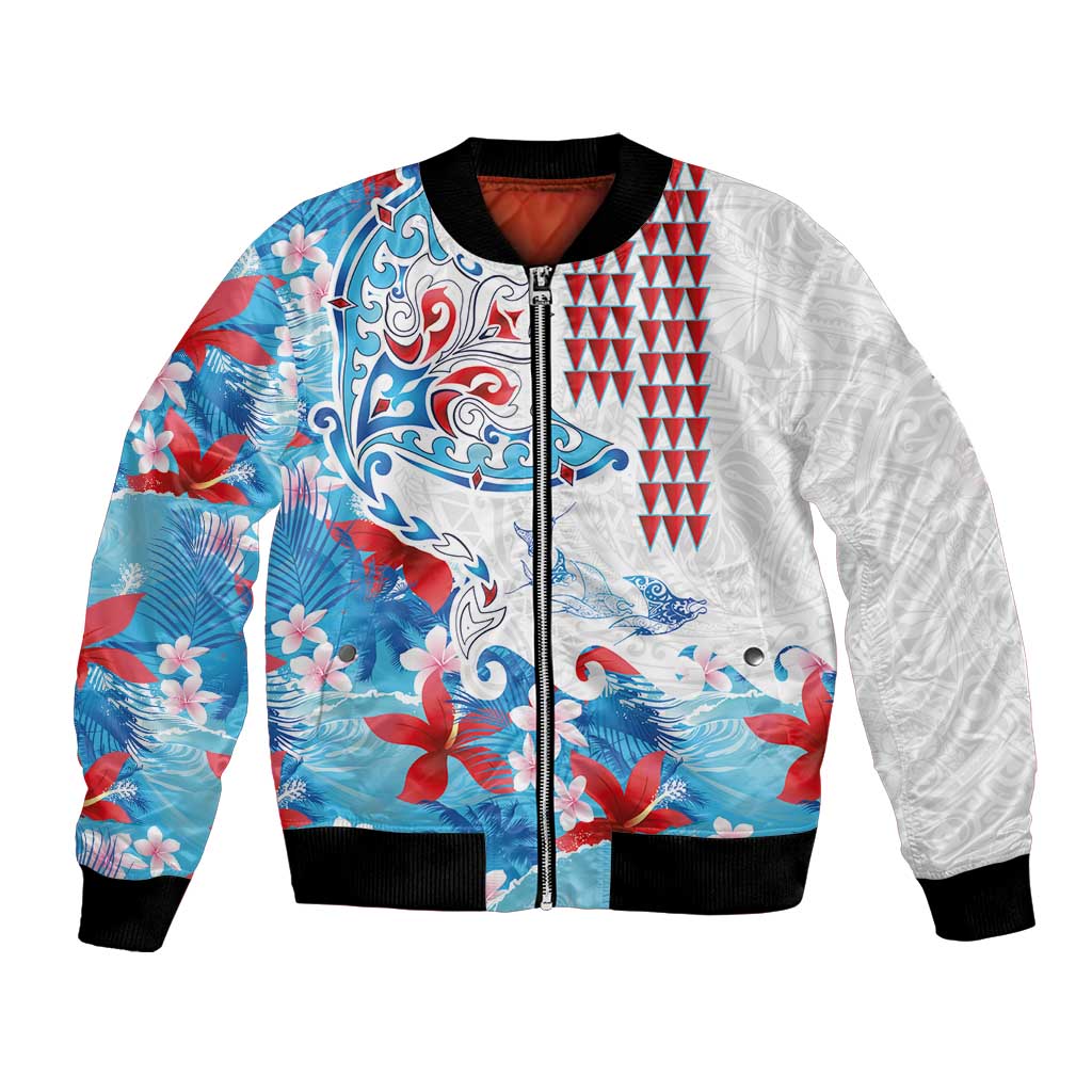 Hawaiian Tribal Manta Ray Bomber Jacket Kakau Tattoo and Flowers Surfing Waves Pattern Ocean Color LT03 Unisex Multicolor - Polynesian Pride