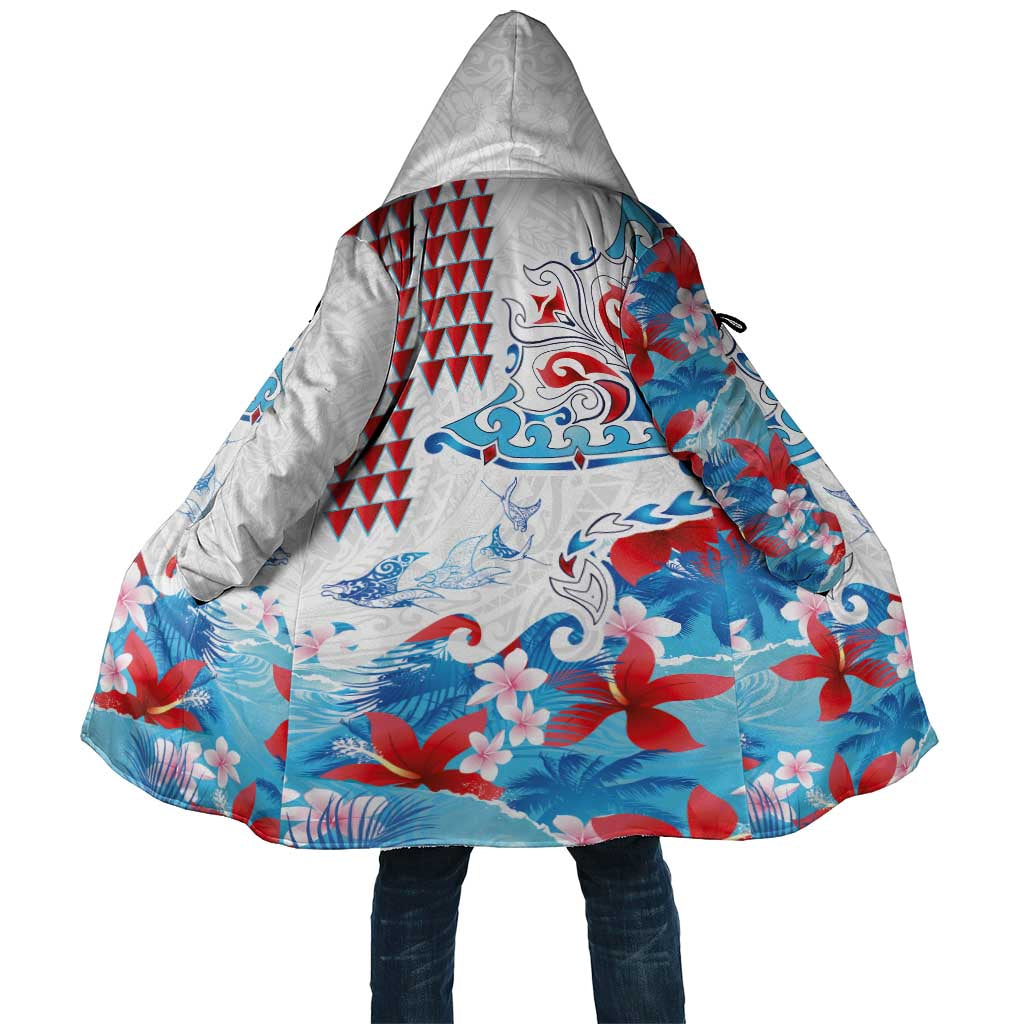 Hawaiian Tribal Manta Ray Cloak Kakau Tattoo and Flowers Surfing Waves Pattern Ocean Color