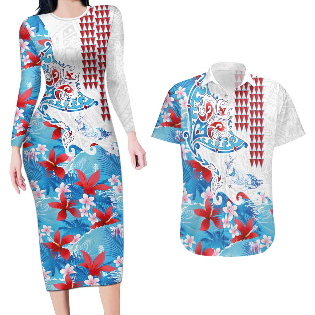 Hawaiian Tribal Manta Ray Couples Matching Long Sleeve Bodycon Dress and Hawaiian Shirt Kakau Tattoo and Flowers Surfing Waves Pattern Ocean Color LT03 Multicolor - Polynesian Pride