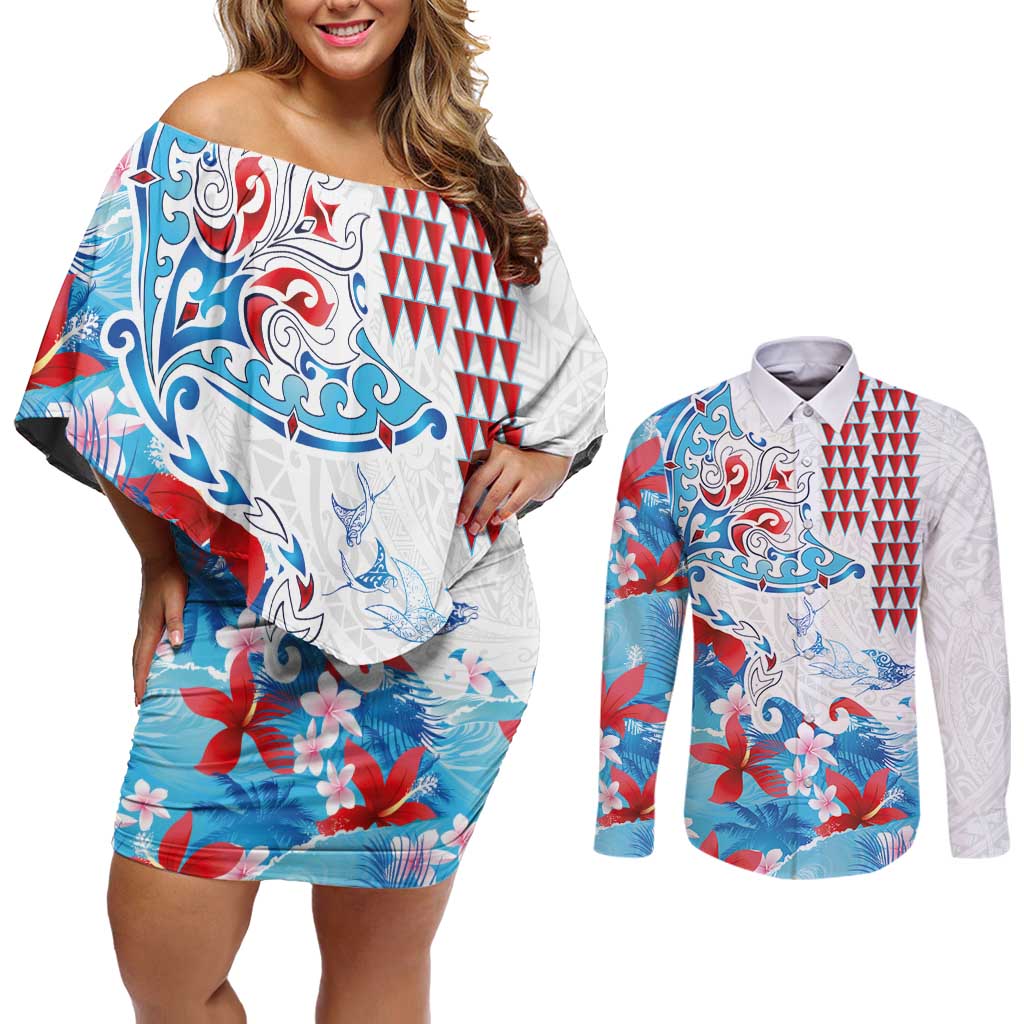 Hawaiian Tribal Manta Ray Couples Matching Off Shoulder Short Dress and Long Sleeve Button Shirt Kakau Tattoo and Flowers Surfing Waves Pattern Ocean Color