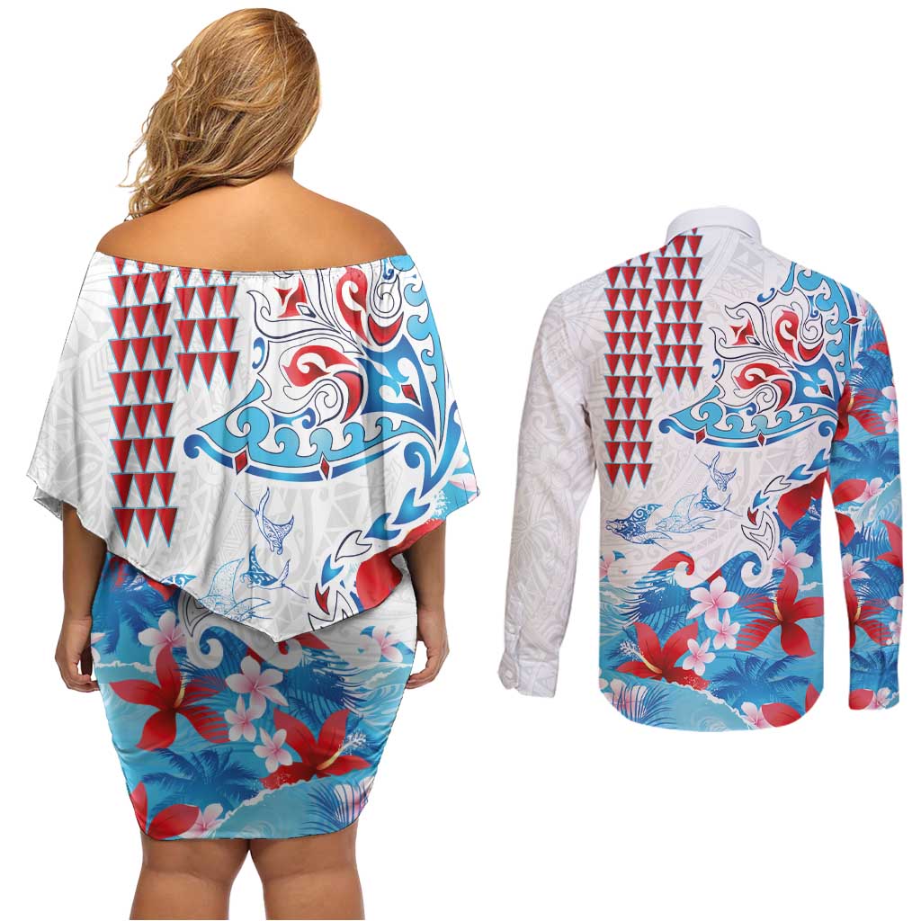 Hawaiian Tribal Manta Ray Couples Matching Off Shoulder Short Dress and Long Sleeve Button Shirt Kakau Tattoo and Flowers Surfing Waves Pattern Ocean Color