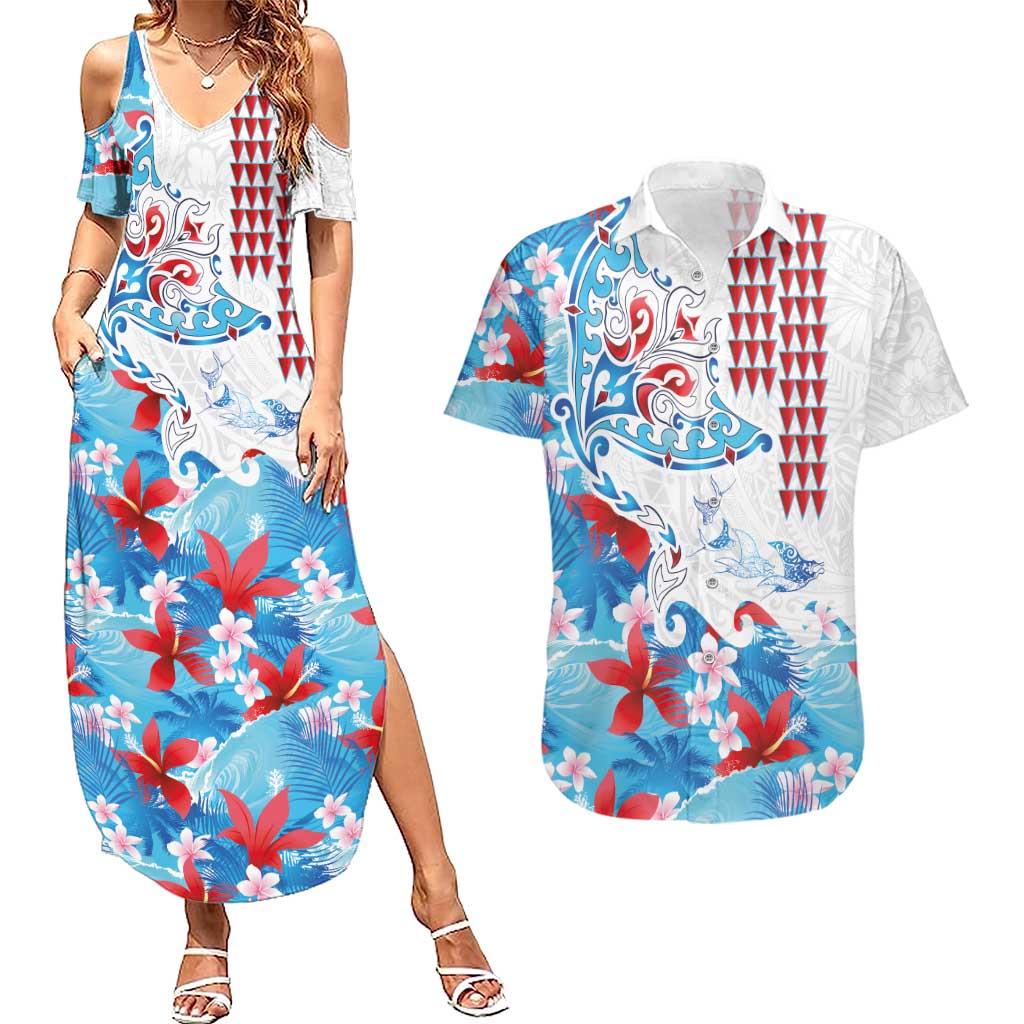 Hawaiian Tribal Manta Ray Couples Matching Summer Maxi Dress and Hawaiian Shirt Kakau Tattoo and Flowers Surfing Waves Pattern Ocean Color LT03 Multicolor - Polynesian Pride