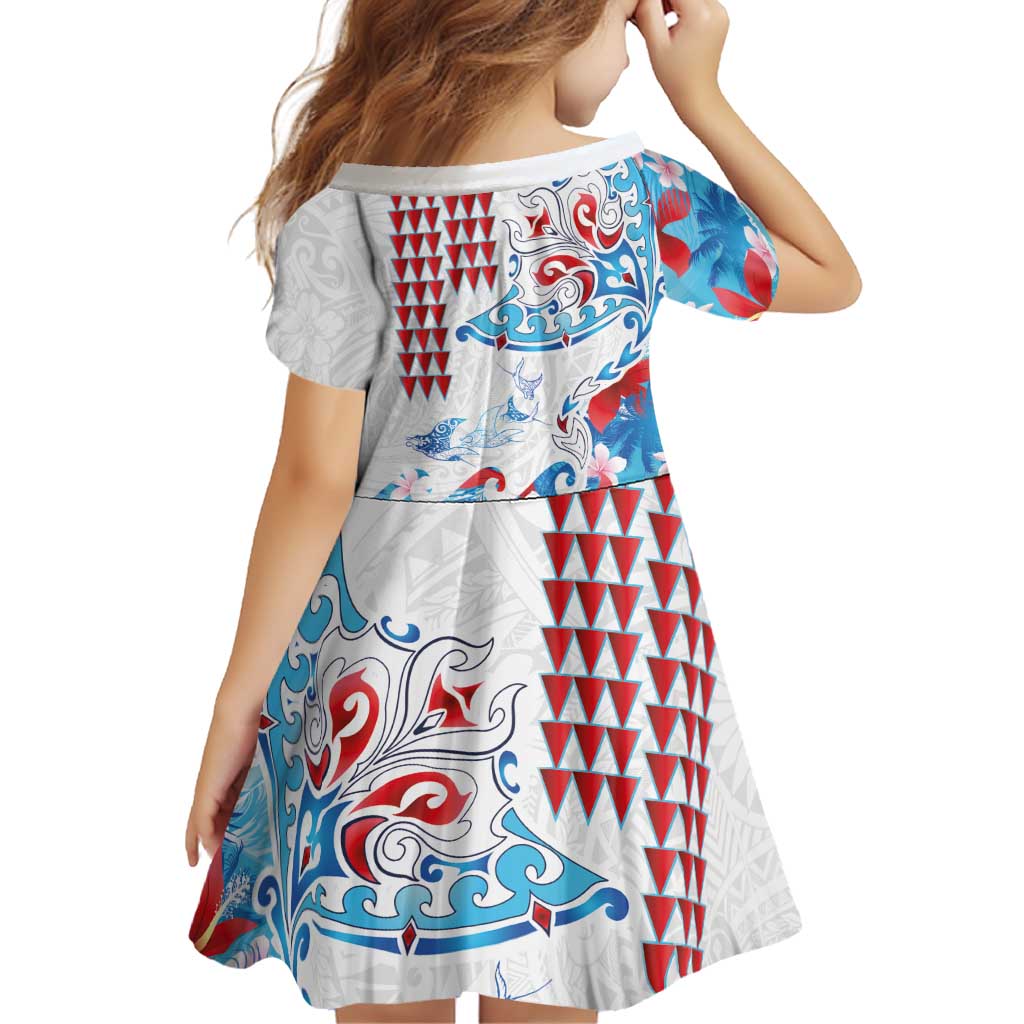 Hawaiian Tribal Manta Ray Family Matching Long Sleeve Bodycon Dress and Hawaiian Shirt Kakau Tattoo and Flowers Surfing Waves Pattern Ocean Color LT03 - Polynesian Pride