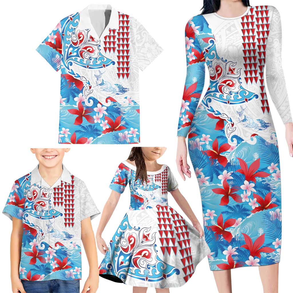 Hawaiian Tribal Manta Ray Family Matching Long Sleeve Bodycon Dress and Hawaiian Shirt Kakau Tattoo and Flowers Surfing Waves Pattern Ocean Color LT03 - Polynesian Pride