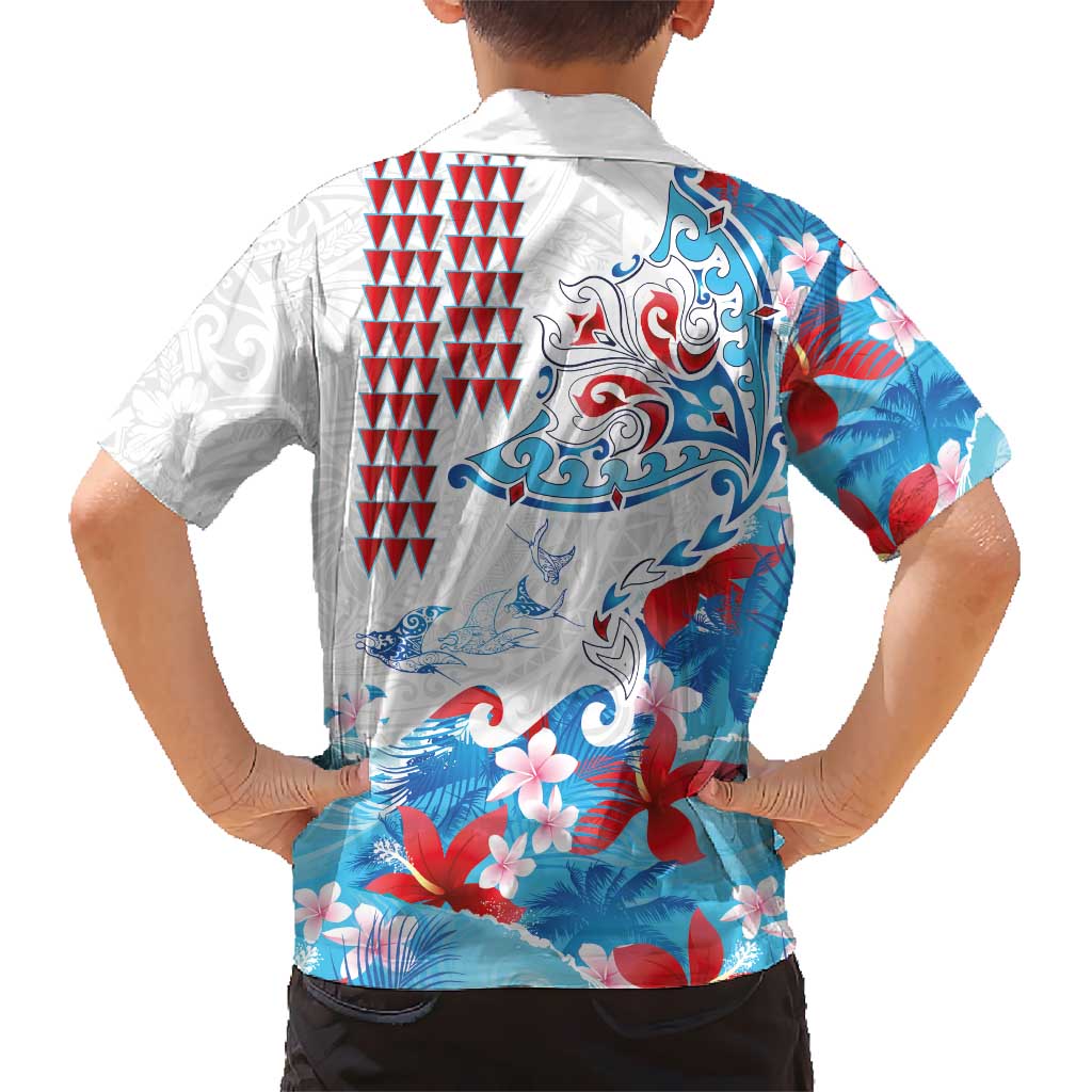 Hawaiian Tribal Manta Ray Family Matching Off The Shoulder Long Sleeve Dress and Hawaiian Shirt Kakau Tattoo and Flowers Surfing Waves Pattern Ocean Color LT03 - Polynesian Pride
