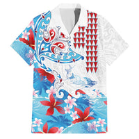 Hawaiian Tribal Manta Ray Family Matching Off The Shoulder Long Sleeve Dress and Hawaiian Shirt Kakau Tattoo and Flowers Surfing Waves Pattern Ocean Color LT03 Dad's Shirt - Short Sleeve Multicolor - Polynesian Pride