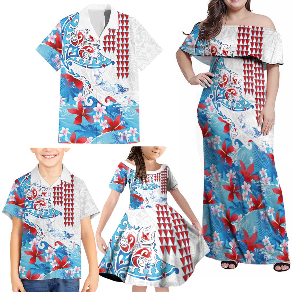 Hawaiian Tribal Manta Ray Family Matching Off Shoulder Maxi Dress and Hawaiian Shirt Kakau Tattoo and Flowers Surfing Waves Pattern Ocean Color LT03 - Polynesian Pride