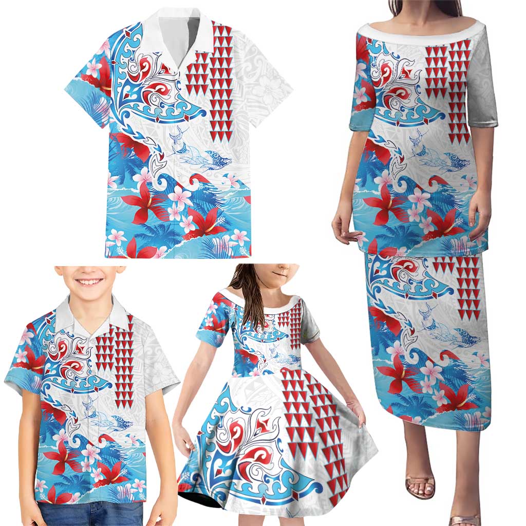 Hawaiian Tribal Manta Ray Family Matching Puletasi and Hawaiian Shirt Kakau Tattoo and Flowers Surfing Waves Pattern Ocean Color LT03 - Polynesian Pride