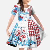 Hawaiian Tribal Manta Ray Family Matching Short Sleeve Bodycon Dress and Hawaiian Shirt Kakau Tattoo and Flowers Surfing Waves Pattern Ocean Color LT03 Daughter's Dress Multicolor - Polynesian Pride
