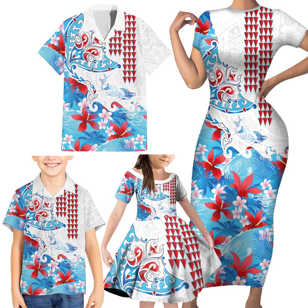 Hawaiian Tribal Manta Ray Family Matching Short Sleeve Bodycon Dress and Hawaiian Shirt Kakau Tattoo and Flowers Surfing Waves Pattern Ocean Color LT03 - Polynesian Pride