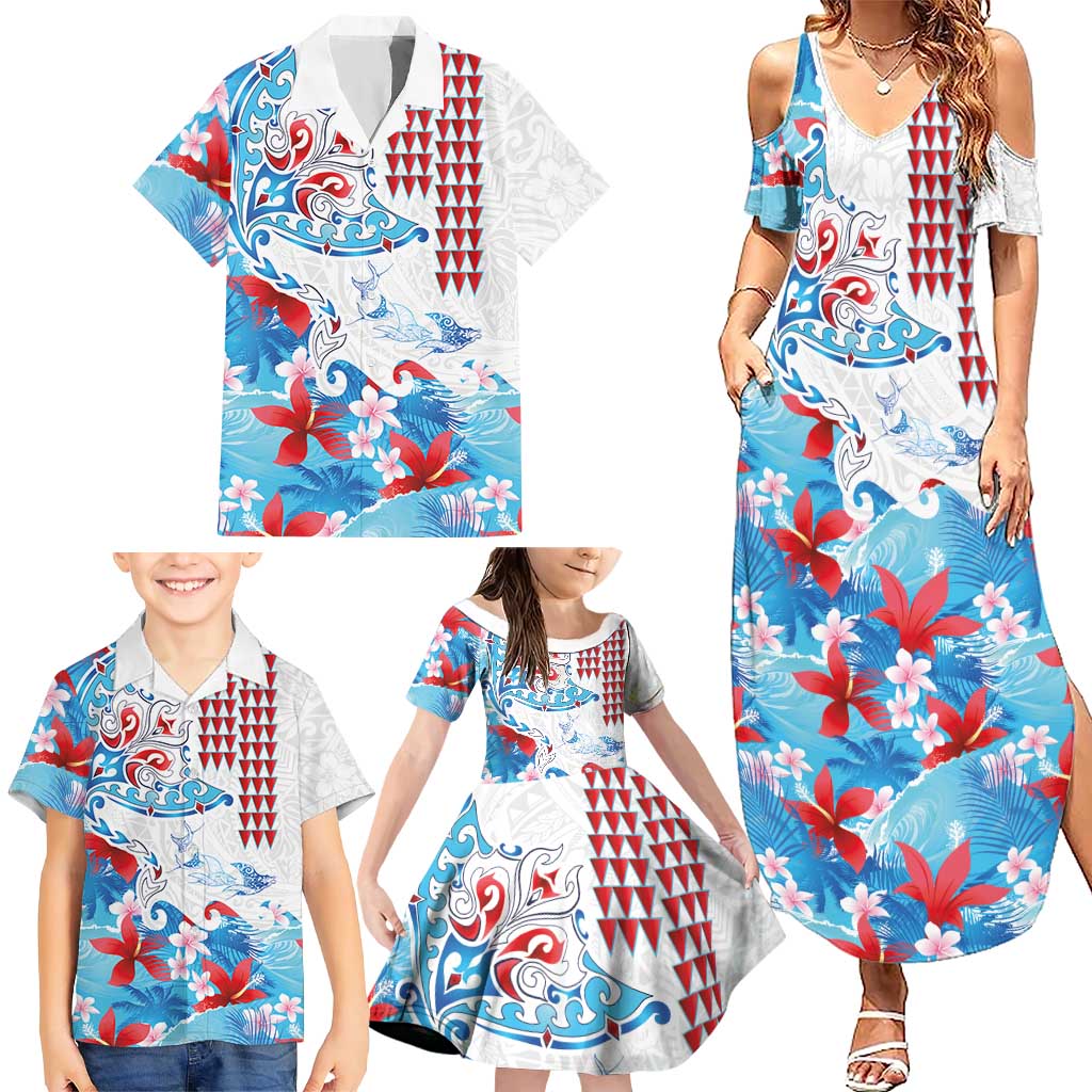 Hawaiian Tribal Manta Ray Family Matching Summer Maxi Dress and Hawaiian Shirt Kakau Tattoo and Flowers Surfing Waves Pattern Ocean Color LT03 - Polynesian Pride