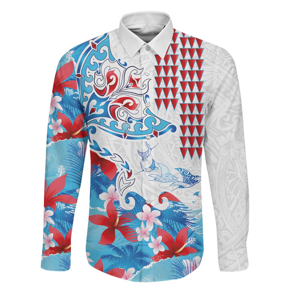 Hawaiian Tribal Manta Ray Family Matching Tank Maxi Dress and Hawaiian Shirt Kakau Tattoo and Flowers Surfing Waves Pattern Ocean Color LT03 Dad's Shirt - Long Sleeve Multicolor - Polynesian Pride
