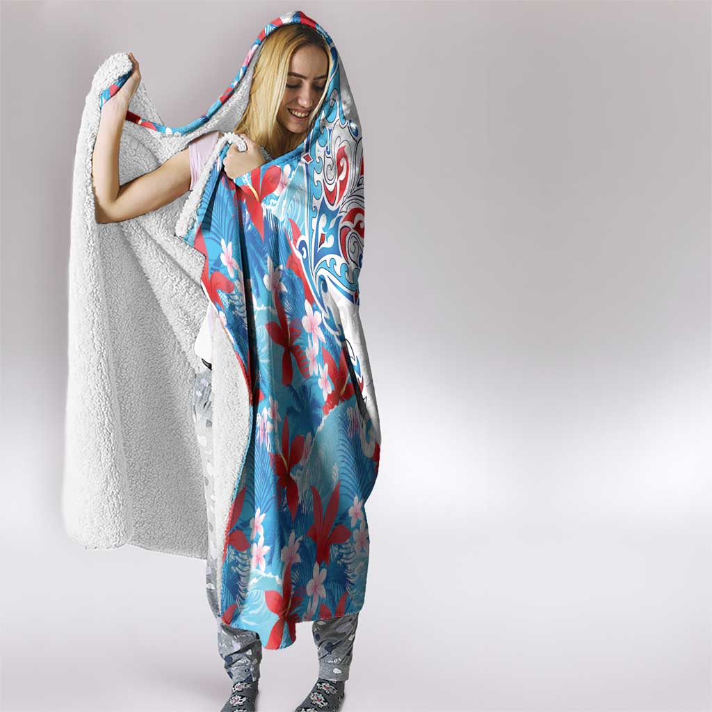 Hawaiian Tribal Manta Ray Hooded Blanket Kakau Tattoo and Flowers Surfing Waves Pattern Ocean Color LT03 - Polynesian Pride