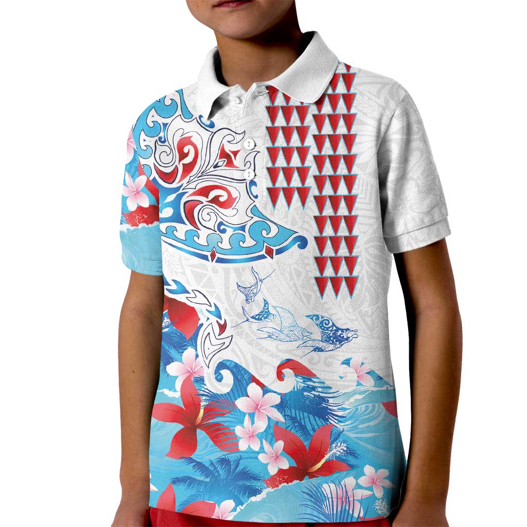 Hawaiian Tribal Manta Ray Kid Polo Shirt Kakau Tattoo and Flowers Surfing Waves Pattern Ocean Color
