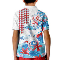 Hawaiian Tribal Manta Ray Kid Polo Shirt Kakau Tattoo and Flowers Surfing Waves Pattern Ocean Color