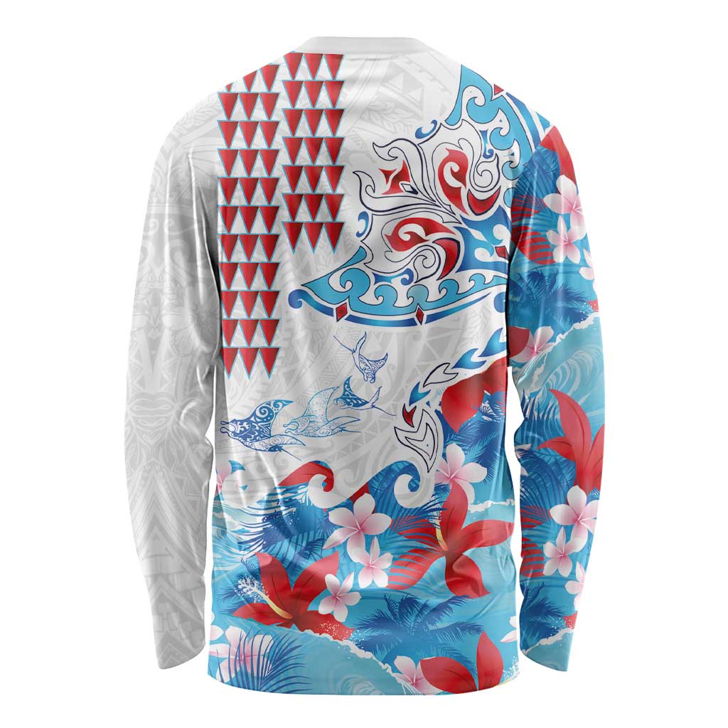 Hawaiian Tribal Manta Ray Long Sleeve Shirt Kakau Tattoo and Flowers Surfing Waves Pattern Ocean Color
