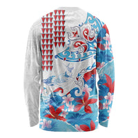 Hawaiian Tribal Manta Ray Long Sleeve Shirt Kakau Tattoo and Flowers Surfing Waves Pattern Ocean Color