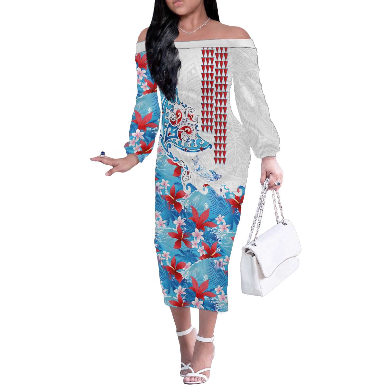 Hawaiian Tribal Manta Ray Off The Shoulder Long Sleeve Dress Kakau Tattoo and Flowers Surfing Waves Pattern Ocean Color