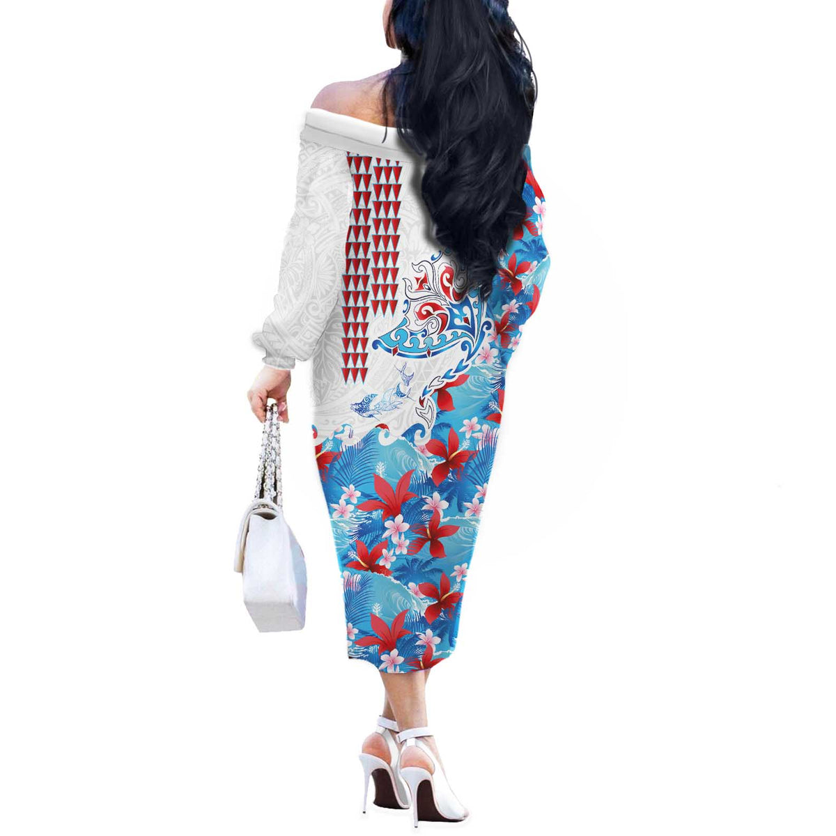 Hawaiian Tribal Manta Ray Off The Shoulder Long Sleeve Dress Kakau Tattoo and Flowers Surfing Waves Pattern Ocean Color