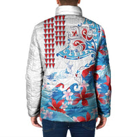 Hawaiian Tribal Manta Ray Padded Jacket Kakau Tattoo and Flowers Surfing Waves Pattern Ocean Color LT03 - Polynesian Pride