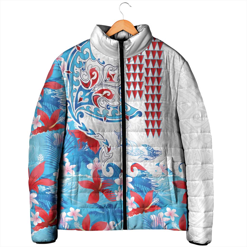 Hawaiian Tribal Manta Ray Padded Jacket Kakau Tattoo and Flowers Surfing Waves Pattern Ocean Color LT03 - Polynesian Pride