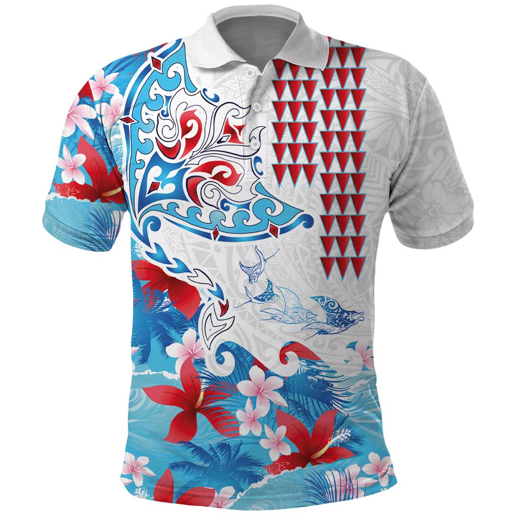 Hawaiian Tribal Manta Ray Polo Shirt Kakau Tattoo and Flowers Surfing Waves Pattern Ocean Color