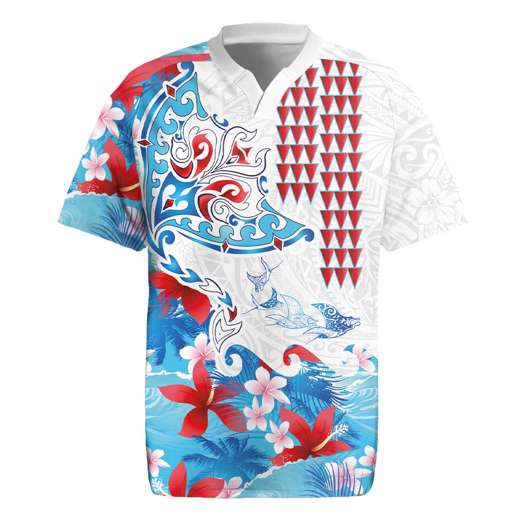 Hawaiian Tribal Manta Ray Rugby Jersey Kakau Tattoo and Flowers Surfing Waves Pattern Ocean Color LT03 Multicolor - Polynesian Pride