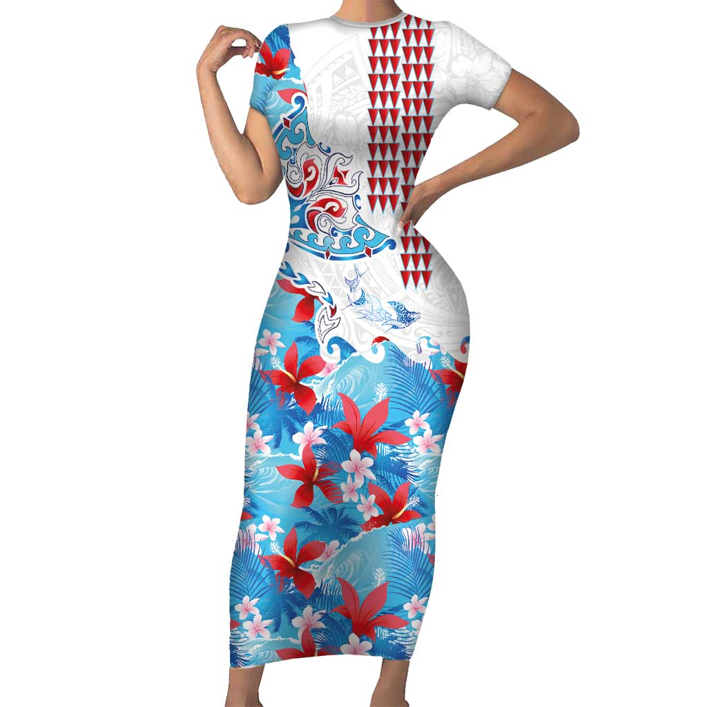 Hawaiian Tribal Manta Ray Short Sleeve Bodycon Dress Kakau Tattoo and Flowers Surfing Waves Pattern Ocean Color