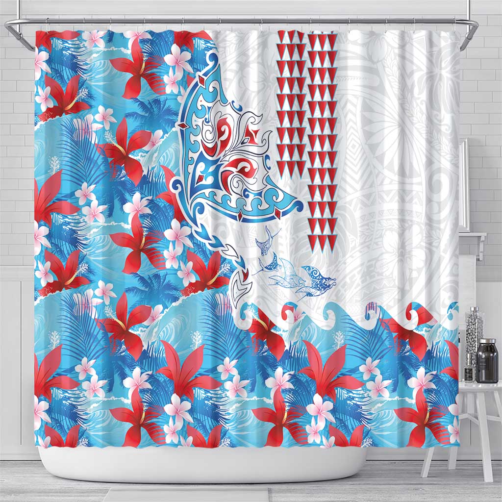 Hawaiian Tribal Manta Ray Shower Curtain Kakau Tattoo and Flowers Surfing Waves Pattern Ocean Color