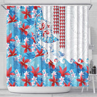 Hawaiian Tribal Manta Ray Shower Curtain Kakau Tattoo and Flowers Surfing Waves Pattern Ocean Color