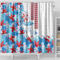 Hawaiian Tribal Manta Ray Shower Curtain Kakau Tattoo and Flowers Surfing Waves Pattern Ocean Color