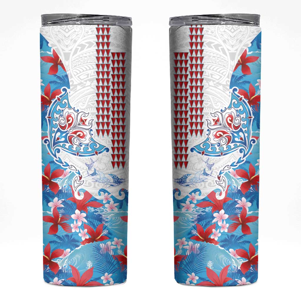 Hawaiian Tribal Manta Ray Skinny Tumbler Kakau Tattoo and Flowers Surfing Waves Pattern Ocean Color