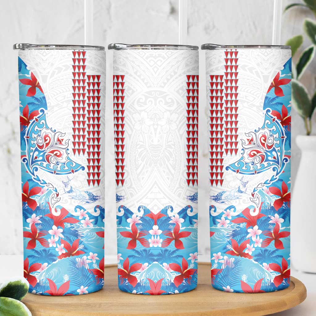 Hawaiian Tribal Manta Ray Skinny Tumbler Kakau Tattoo and Flowers Surfing Waves Pattern Ocean Color