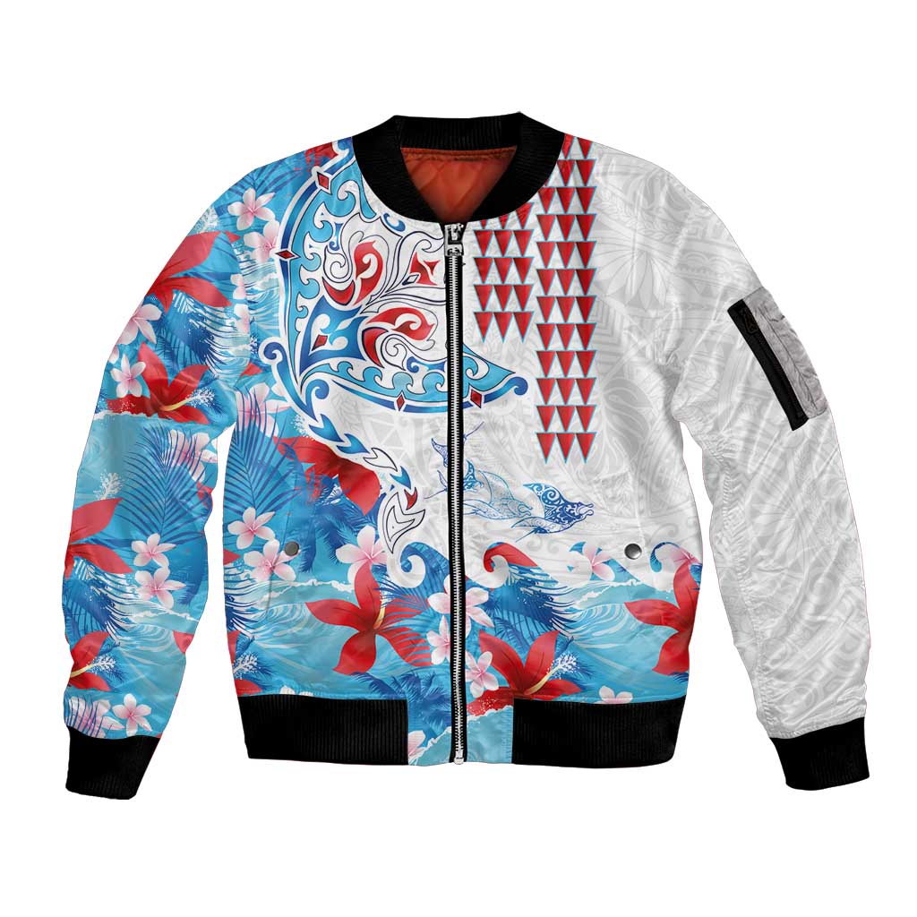 Hawaiian Tribal Manta Ray Sleeve Zip Bomber Jacket Kakau Tattoo and Flowers Surfing Waves Pattern Ocean Color
