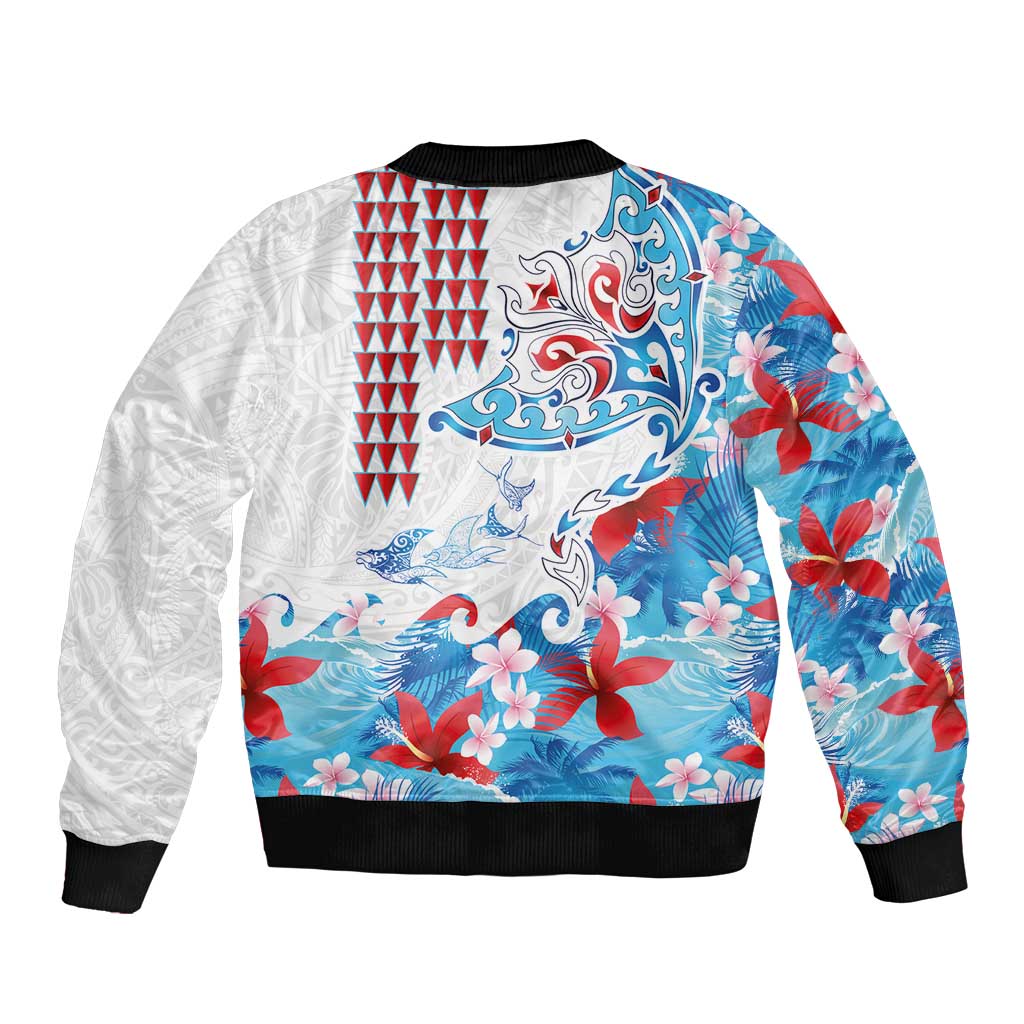 Hawaiian Tribal Manta Ray Sleeve Zip Bomber Jacket Kakau Tattoo and Flowers Surfing Waves Pattern Ocean Color