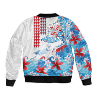 Hawaiian Tribal Manta Ray Sleeve Zip Bomber Jacket Kakau Tattoo and Flowers Surfing Waves Pattern Ocean Color