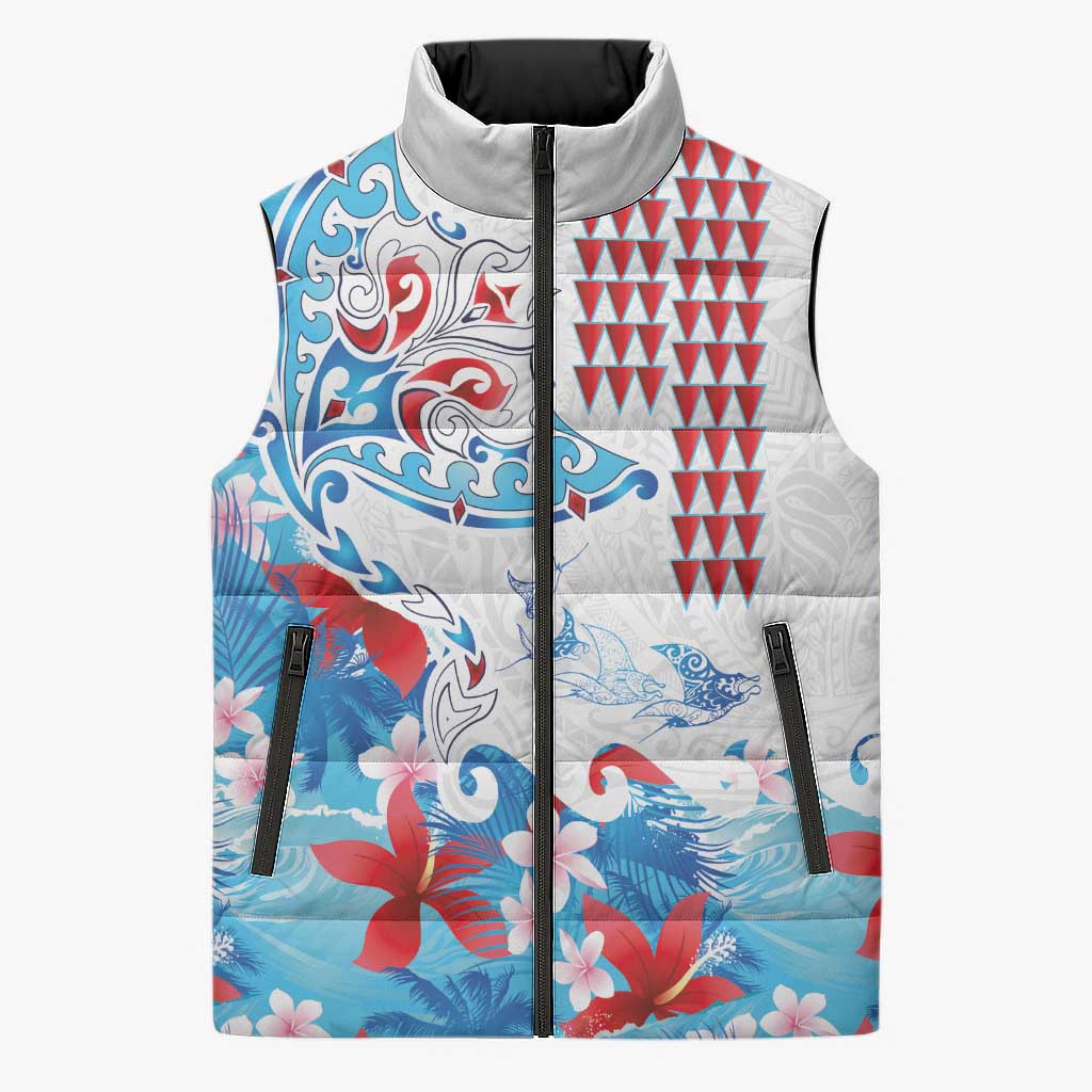 Hawaiian Tribal Manta Ray Sleeveless Puffer Jacket Kakau Tattoo and Flowers Surfing Waves Pattern Ocean Color