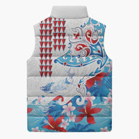 Hawaiian Tribal Manta Ray Sleeveless Puffer Jacket Kakau Tattoo and Flowers Surfing Waves Pattern Ocean Color