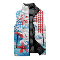 Hawaiian Tribal Manta Ray Sleeveless Puffer Jacket Kakau Tattoo and Flowers Surfing Waves Pattern Ocean Color