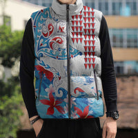 Hawaiian Tribal Manta Ray Sleeveless Puffer Jacket Kakau Tattoo and Flowers Surfing Waves Pattern Ocean Color