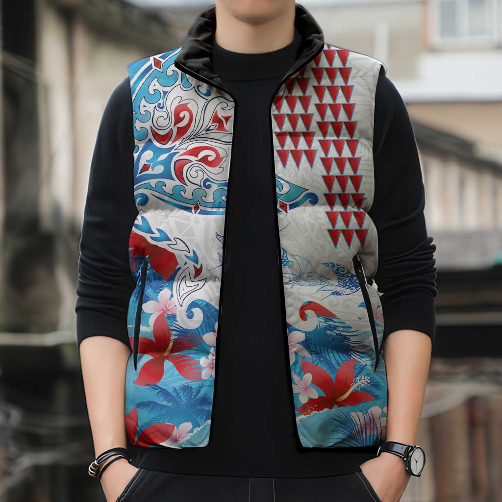 Hawaiian Tribal Manta Ray Sleeveless Puffer Jacket Kakau Tattoo and Flowers Surfing Waves Pattern Ocean Color