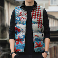Hawaiian Tribal Manta Ray Sleeveless Puffer Jacket Kakau Tattoo and Flowers Surfing Waves Pattern Ocean Color