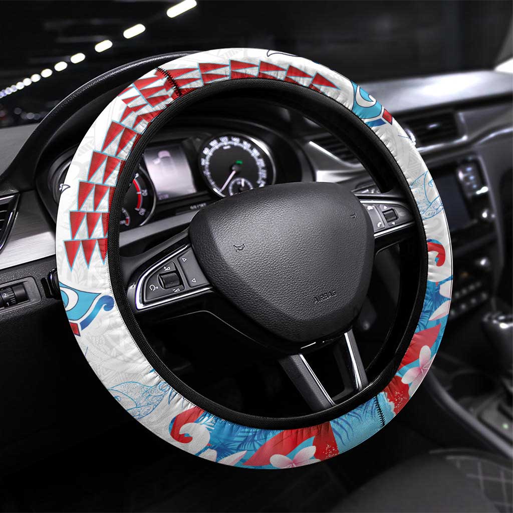 Hawaiian Tribal Manta Ray Steering Wheel Cover Kakau Tattoo and Flowers Surfing Waves Pattern Ocean Color
