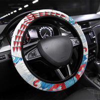 Hawaiian Tribal Manta Ray Steering Wheel Cover Kakau Tattoo and Flowers Surfing Waves Pattern Ocean Color
